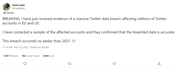 A tweet from Loder's now suspended Twitter account describing the alleged breach